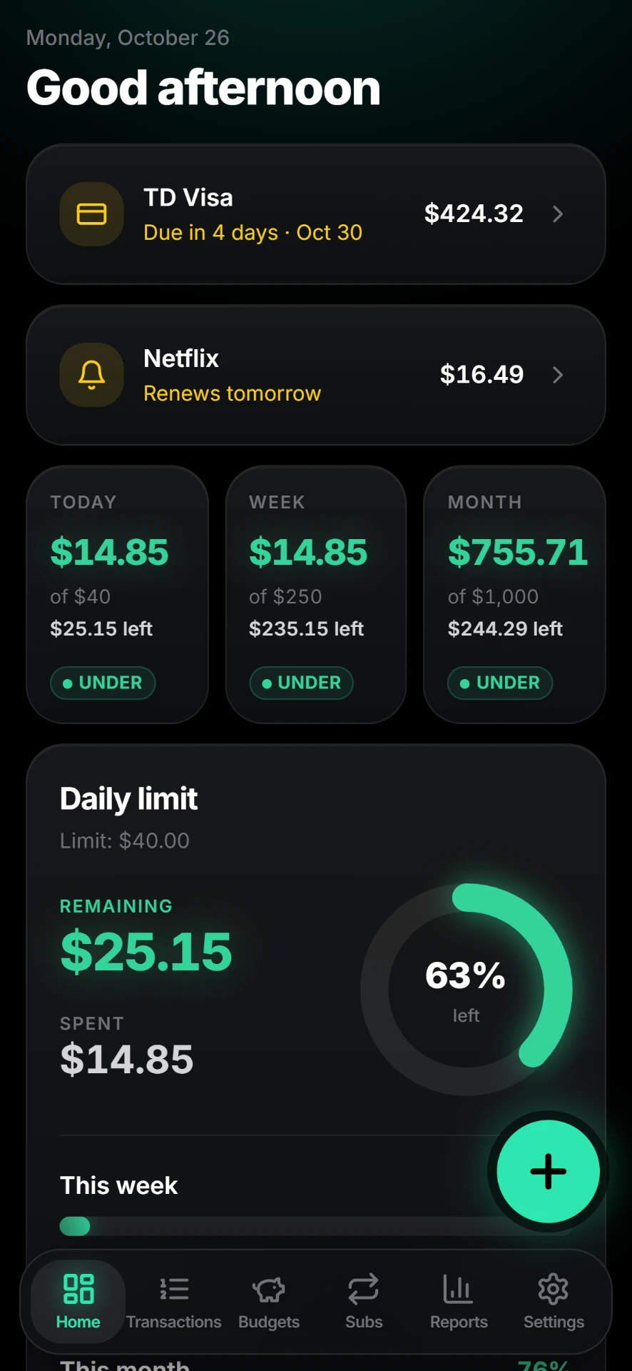 Halo home screen showing today's spending limit